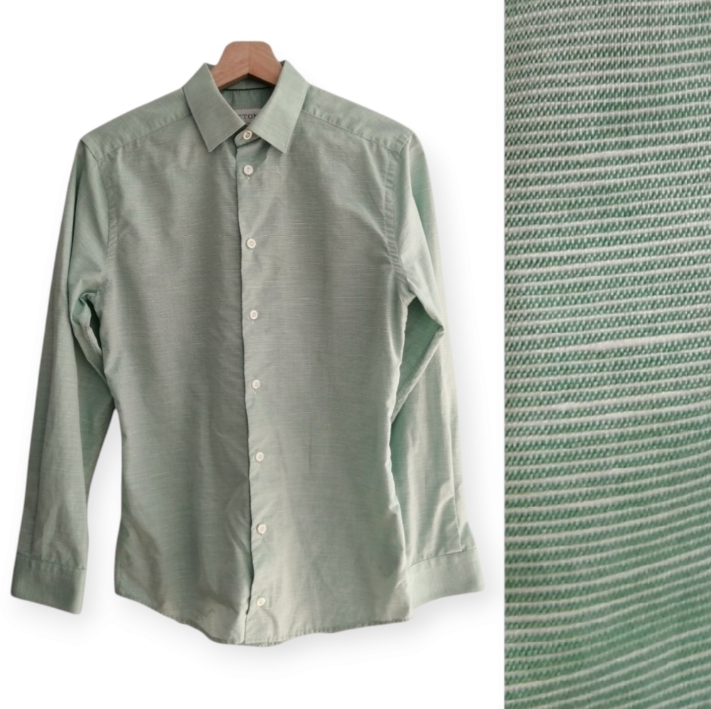 Eton Men's Super Slim Fit Dress Shirt Green Stripe Cotton Linen 14.5 Neck 32/33